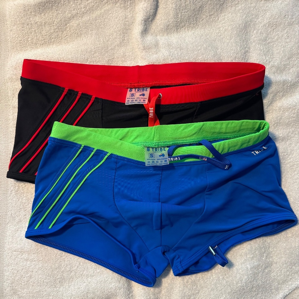 2 TRIBE Swim Trunks - Black/Red & Blue/Neon - Small